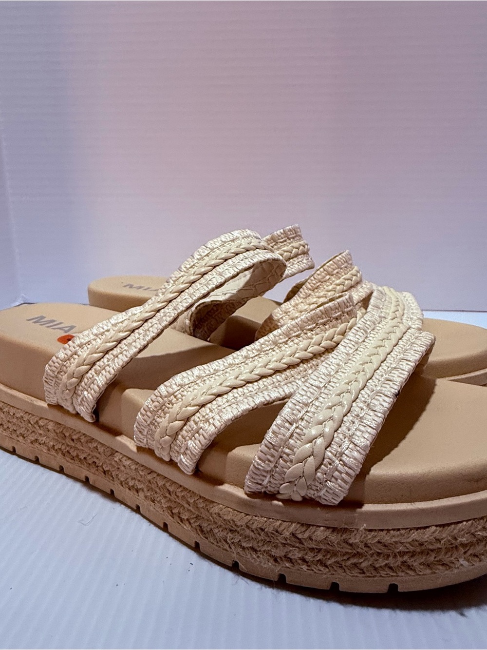 MIA Women's Platform Braided Strap Slide Sandals Beige Size US 9.5